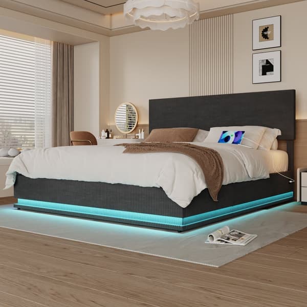 Parivuode 160x200 cm säilytystilalla – LED-samettinen sängynrunko USB-latauksella, sängynpääty ja sängynlaatikot – Tummanharmaa