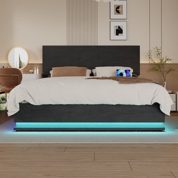 Dobbeltseng 160x200 cm med opbevaring – LED fløjl sengeramme med USB-opladning, sengegavl og sengeskuffer – Mørkegrå