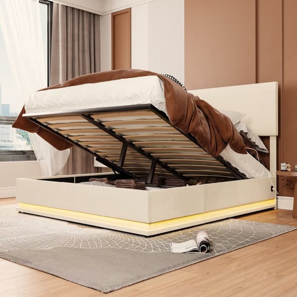 Dobbeltseng 160x200 cm med opbevaring – LED fløjl sengeramme med USB-opladning, sengegavl og sengeskuffer – Beige