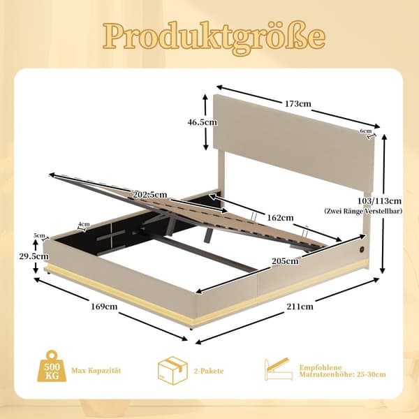 Dobbeltseng 160x200 cm med opbevaring – LED fløjl sengeramme med USB-opladning, sengegavl og sengeskuffer – Beige