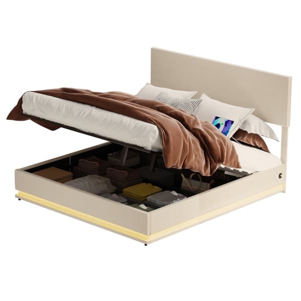 Dobbeltseng 160x200 cm med opbevaring – LED fløjl sengeramme med USB-opladning, sengegavl og sengeskuffer – Beige