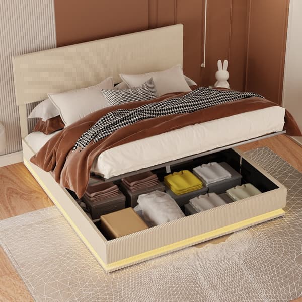 Dobbeltseng 160x200 cm med opbevaring – LED fløjl sengeramme med USB-opladning, sengegavl og sengeskuffer – Beige