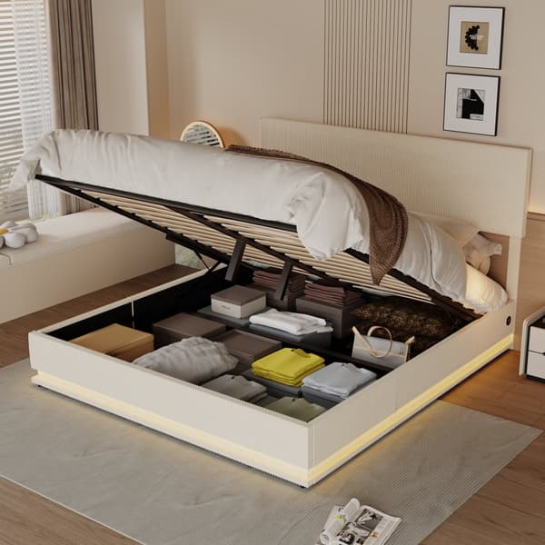 Dobbeltseng 160x200 cm med opbevaring – LED fløjl sengeramme med USB-opladning, sengegavl og sengeskuffer – Beige