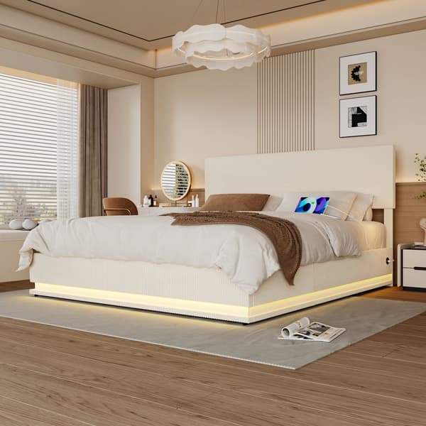 Dobbeltseng 160x200 cm med opbevaring – LED fløjl sengeramme med USB-opladning, sengegavl og sengeskuffer – Beige