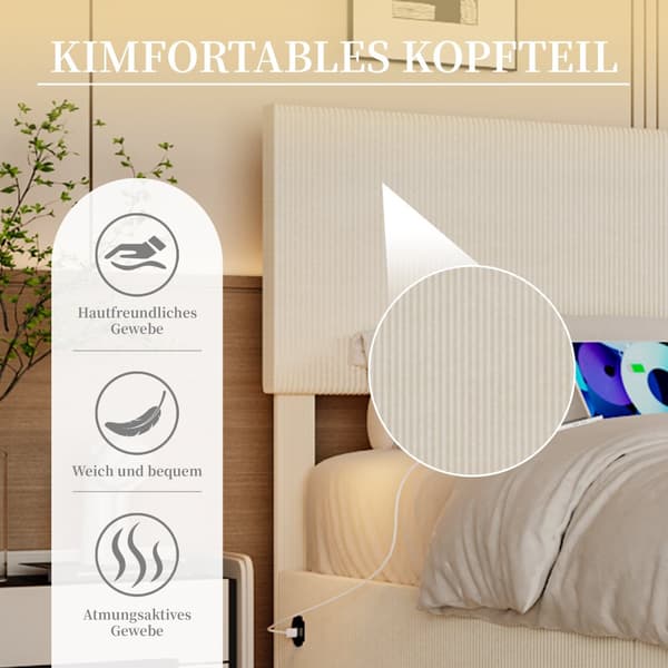 Dobbeltseng 160x200 cm med opbevaring – LED fløjl sengeramme med USB-opladning, sengegavl og sengeskuffer – Beige