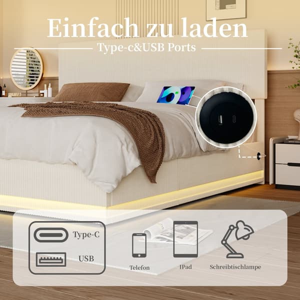 Dobbeltseng 160x200 cm med opbevaring – LED fløjl sengeramme med USB-opladning, sengegavl og sengeskuffer – Beige