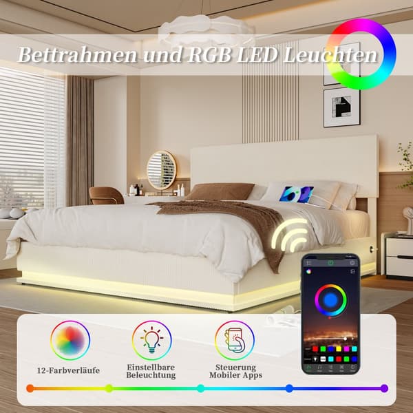 Dobbeltseng 160x200 cm med opbevaring – LED fløjl sengeramme med USB-opladning, sengegavl og sengeskuffer – Beige