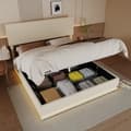 Miniatyrbillede 2 af 11: Dobbeltseng 160x200 cm med opbevaring – LED fløjl sengeramme med USB-opladning, sengegavl og sengeskuffer – Beige
