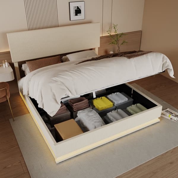 Dobbeltseng 160x200 cm med opbevaring – LED fløjl sengeramme med USB-opladning, sengegavl og sengeskuffer – Beige