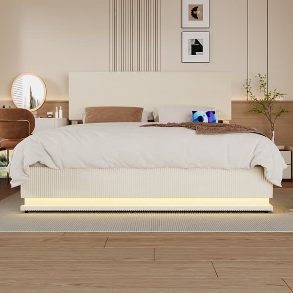 Dobbeltseng 160x200 cm med opbevaring – LED fløjl sengeramme med USB-opladning, sengegavl og sengeskuffer – Beige