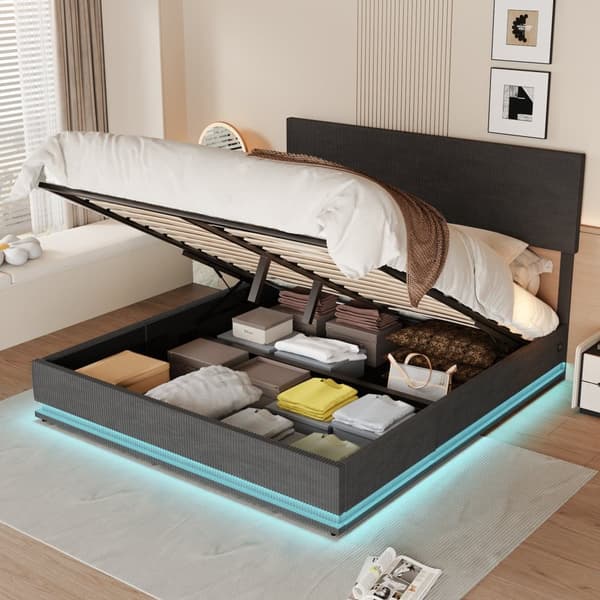 Dobbeltseng 140x200 cm med LED-belysning og USB – Velour seng med opbevaring, sengegavl og lamelbund – Mørkegrå