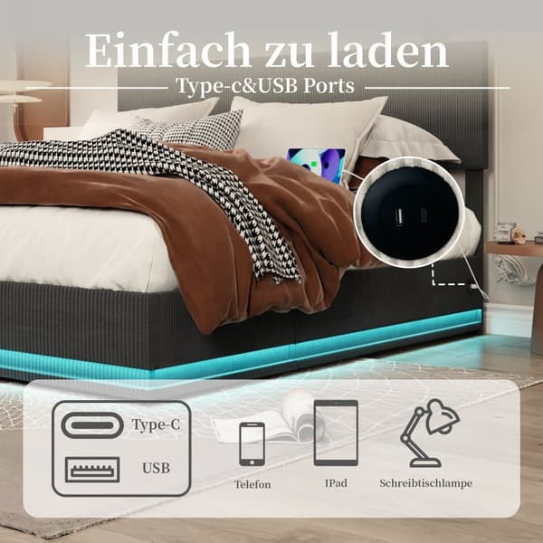 Dobbeltseng 140x200 cm med LED-belysning og USB – Velour seng med opbevaring, sengegavl og lamelbund – Mørkegrå