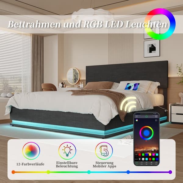 Dobbeltseng 140x200 cm med LED-belysning og USB – Velour seng med opbevaring, sengegavl og lamelbund – Mørkegrå