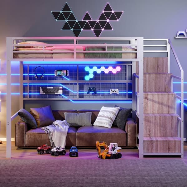 Loftsäng 140x200 cm i metall med garderob, förvaringsstege, hänggaller & RGB LED-belysning – vit, utan madrass