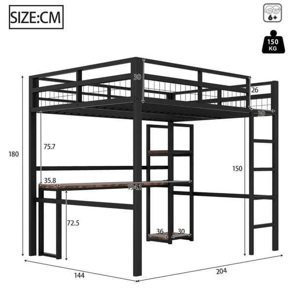 Hems 140x200 cm i metal med hylder, skrivebord med stikkontakt og USB-C, gelænder og stige - sort, uden madras