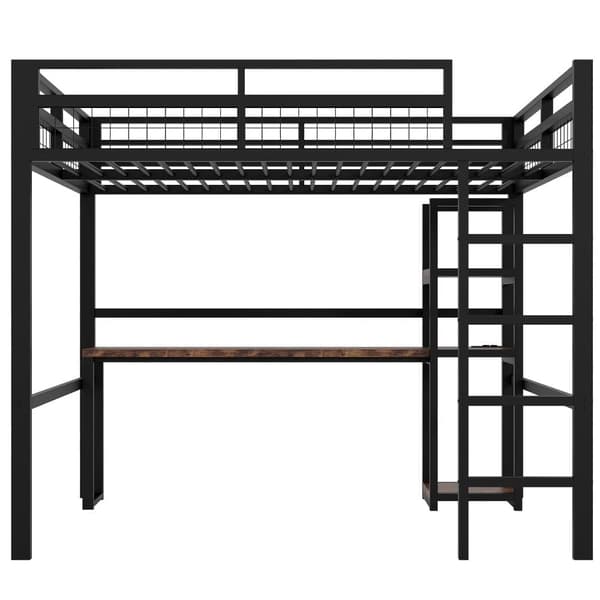 Hems 140x200 cm i metal med hylder, skrivebord med stikkontakt og USB-C, gelænder og stige - sort, uden madras