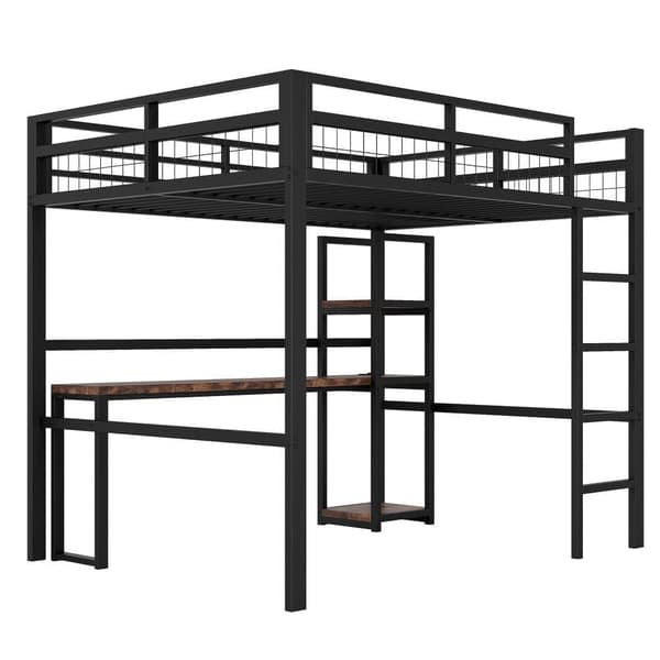 Hems 140x200 cm i metal med hylder, skrivebord med stikkontakt og USB-C, gelænder og stige - sort, uden madras