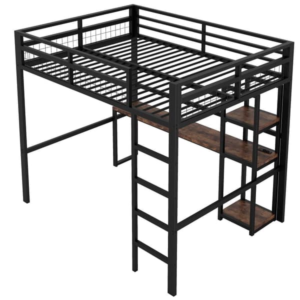 Hems 140x200 cm i metal med hylder, skrivebord med stikkontakt og USB-C, gelænder og stige - sort, uden madras
