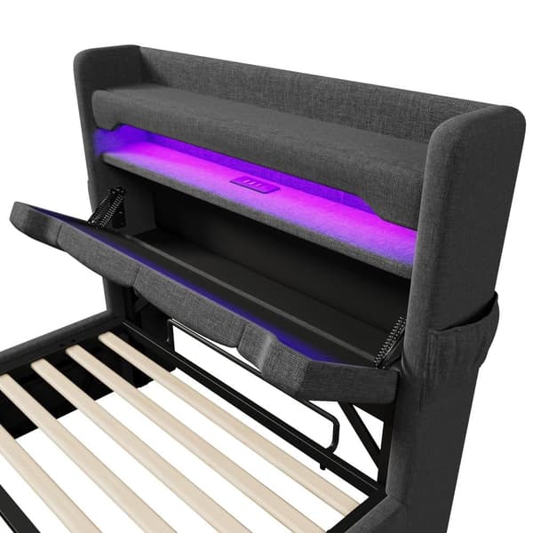 Pehmustettu sänky säilytystilalla 90x200 cm - LED- ja USB-latausliitännällä - Pellavakangas - Sängynpääty säilytyslokerolla - Harmaa