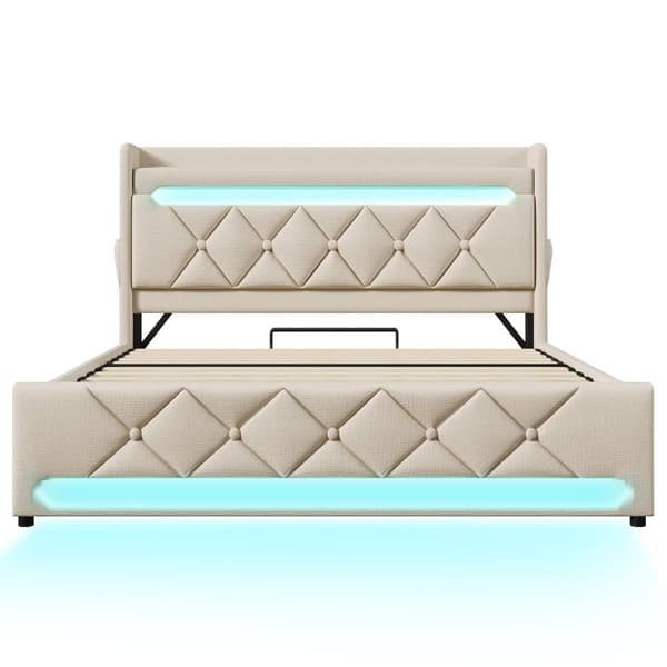 Kontinentalseng 140x200 cm med opbevaring, USB & USB-C i sengegavlen, 360° LED-belysning omkring hoved og fodender – beige hørstof, uden madras