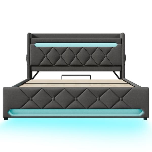 Kontinentalsäng 160x200 cm med förvaring, USB & USB-C i sänggaveln, 360° LED-belysning runt huvud- och fotända – grått linnetyg