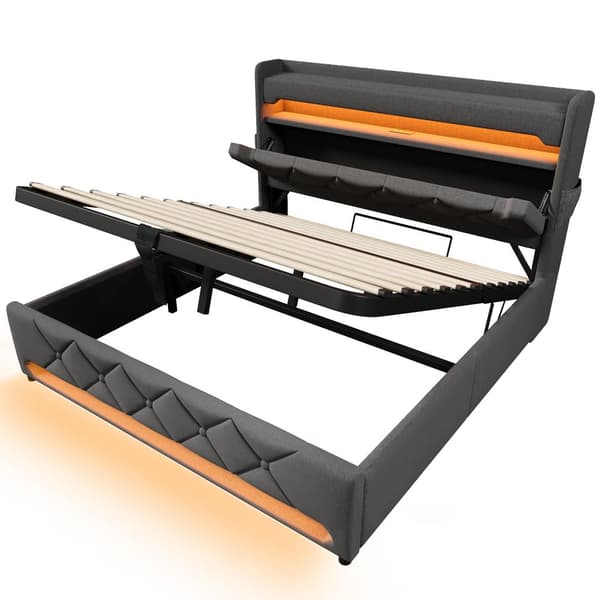 Kontinentalsäng 160x200 cm med förvaring, USB & USB-C i sänggaveln, 360° LED-belysning runt huvud- och fotända – grått linnetyg