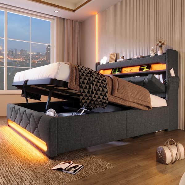 Kontinentalsäng 160x200 cm med förvaring, USB & USB-C i sänggaveln, 360° LED-belysning runt huvud- och fotända – grått linnetyg