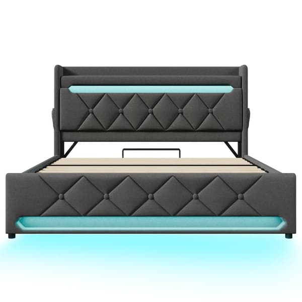 Polstret seng med opbevaringsplads 180x200 cm - med LED og USB-opladningsstik - Linnedstof - Sengegavl med opbevaringsrum - Grå