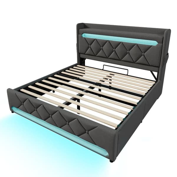Polstret seng med opbevaringsplads 180x200 cm - med LED og USB-opladningsstik - Linnedstof - Sengegavl med opbevaringsrum - Grå