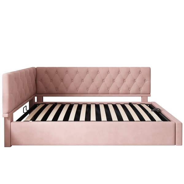 Dagbädd 90x200 cm i rosa sammet med hydraulisk förvaring – sängram med ribbotten för barn och ungdomar, utan madrass