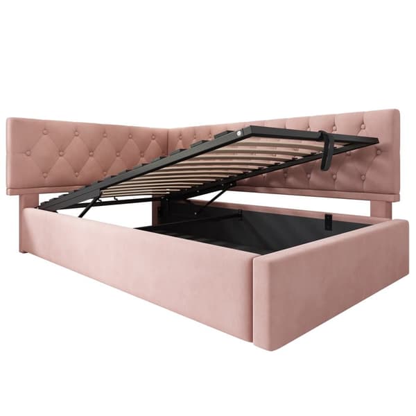 Dagbädd 90x200 cm i rosa sammet med hydraulisk förvaring – sängram med ribbotten för barn och ungdomar, utan madrass