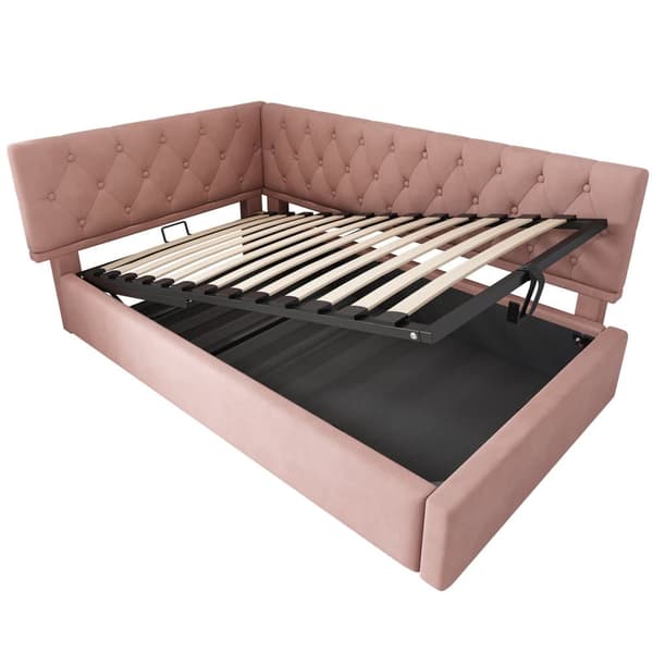 Dagbädd 90x200 cm i rosa sammet med hydraulisk förvaring – sängram med ribbotten för barn och ungdomar, utan madrass