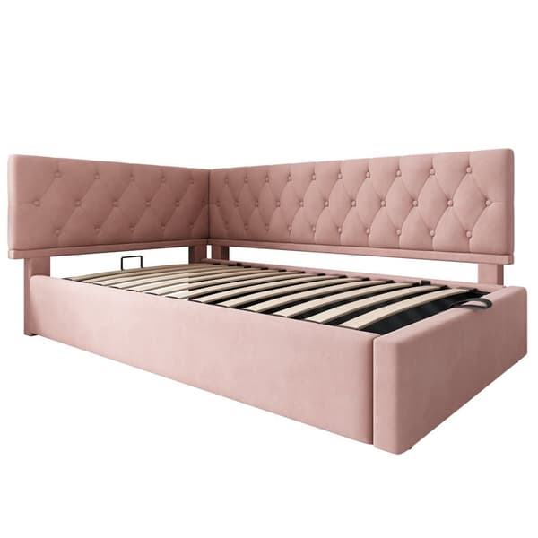 Dagbädd 90x200 cm i rosa sammet med hydraulisk förvaring – sängram med ribbotten för barn och ungdomar, utan madrass
