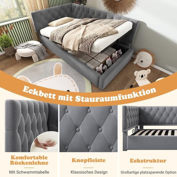 Dagbädd 90x200 cm i grå sammet med hydraulisk förvaring – sängram med ribbotten för barn och ungdomar, utan madrass