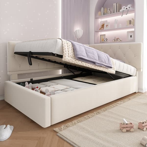 Daybed 90x200 cm i beige velour med hydraulisk opbevaring – sengeramme med lamelbund til børn og teenagere, uden madras