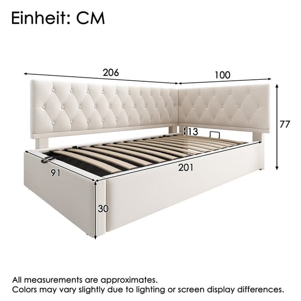 Daybed 90x200 cm i beige velour med hydraulisk opbevaring – sengeramme med lamelbund til børn og teenagere, uden madras