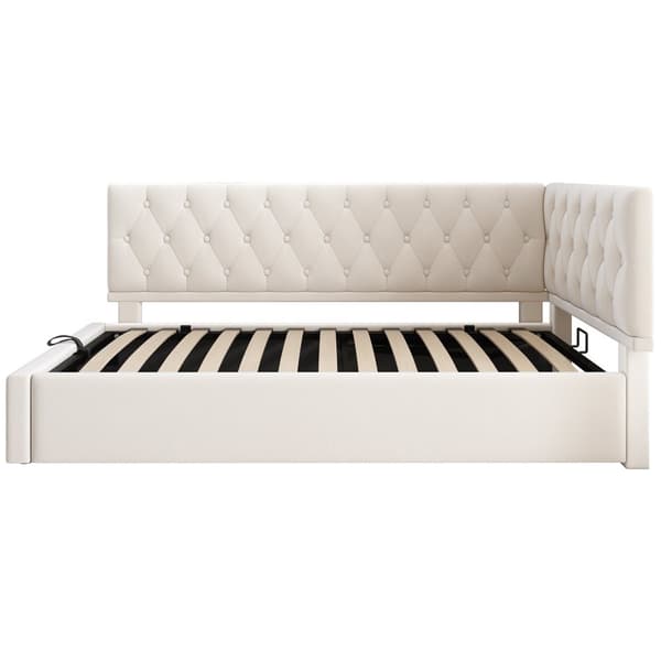 Daybed 90x200 cm i beige velour med hydraulisk opbevaring – sengeramme med lamelbund til børn og teenagere, uden madras