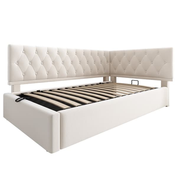 Daybed 90x200 cm i beige velour med hydraulisk opbevaring – sengeramme med lamelbund til børn og teenagere, uden madras