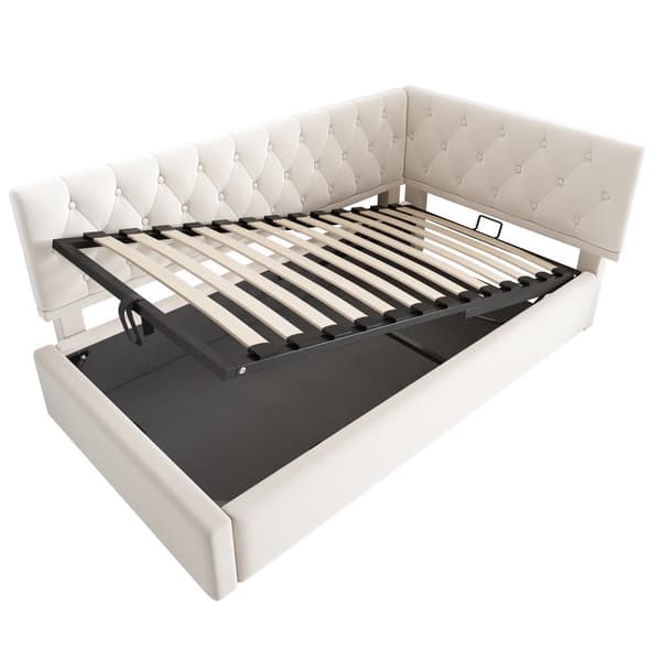 Daybed 90x200 cm i beige velour med hydraulisk opbevaring – sengeramme med lamelbund til børn og teenagere, uden madras