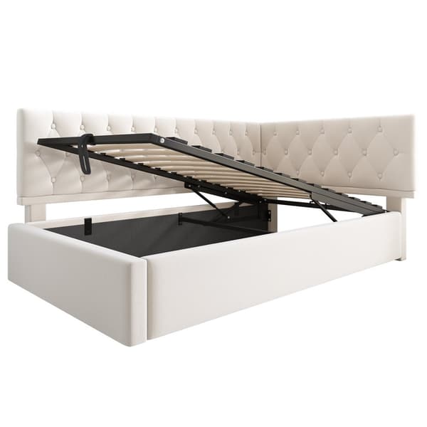 Daybed 90x200 cm i beige velour med hydraulisk opbevaring – sengeramme med lamelbund til børn og teenagere, uden madras