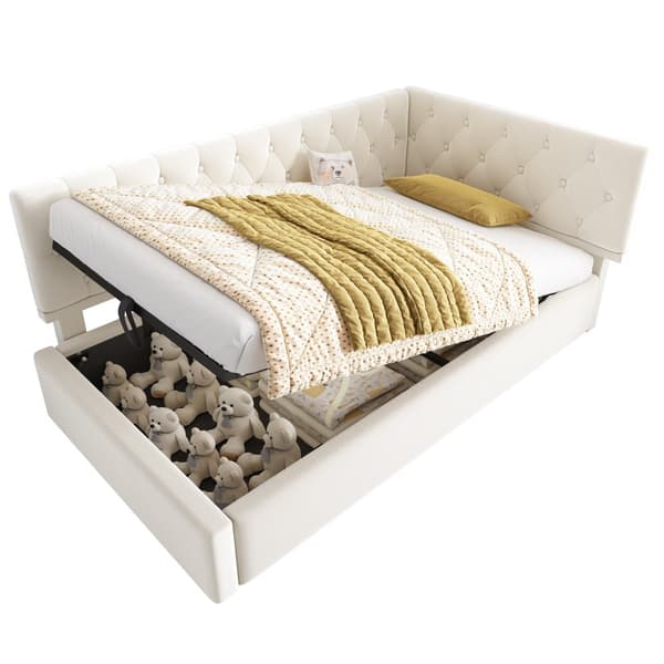 Daybed 90x200 cm i beige velour med hydraulisk opbevaring – sengeramme med lamelbund til børn og teenagere, uden madras
