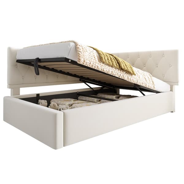 Daybed 90x200 cm i beige velour med hydraulisk opbevaring – sengeramme med lamelbund til børn og teenagere, uden madras