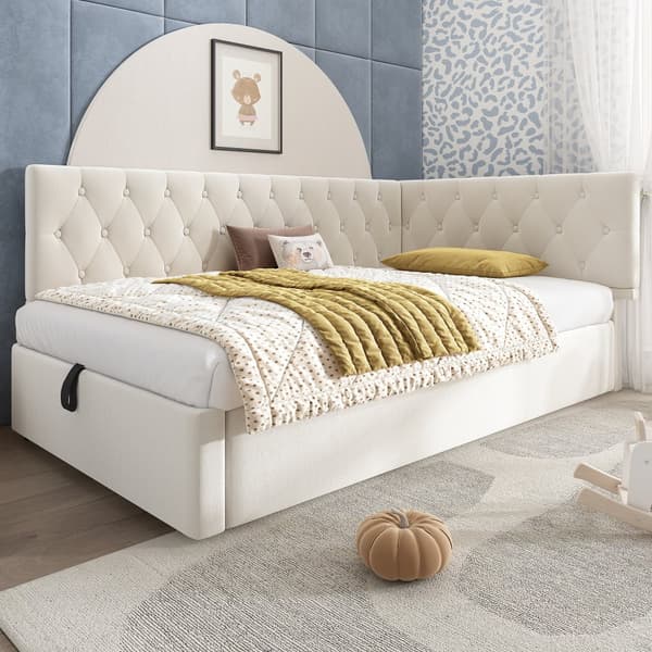 Daybed 90x200 cm i beige velour med hydraulisk opbevaring – sengeramme med lamelbund til børn og teenagere, uden madras
