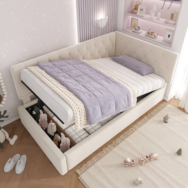 Daybed 90x200 cm i beige velour med hydraulisk opbevaring – sengeramme med lamelbund til børn og teenagere, uden madras