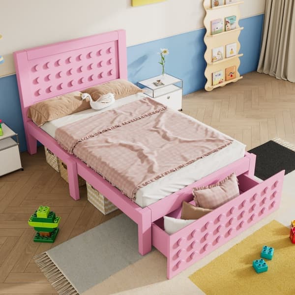 Yhden hengen sänky 90x190 cm massiivipuuta sälepohjalla, lohkomuotoilu ja säilytystila – pinnasänky laatikoilla sängyn alla, vaaleanpunainen