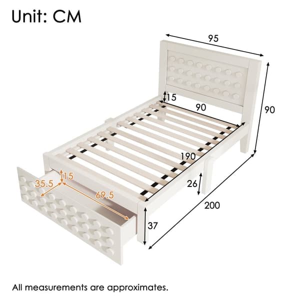 Enkeltseng 90x190 cm i massivt træ med lamelbund, blokdesign og opbevaring – tremmeseng med skuffer under sengen, beige