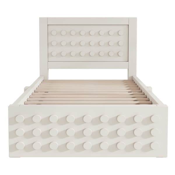 Enkeltseng 90x190 cm i massivt træ med lamelbund, blokdesign og opbevaring – tremmeseng med skuffer under sengen, beige