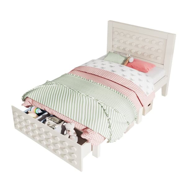 Enkeltseng 90x190 cm i massivt træ med lamelbund, blokdesign og opbevaring – tremmeseng med skuffer under sengen, beige