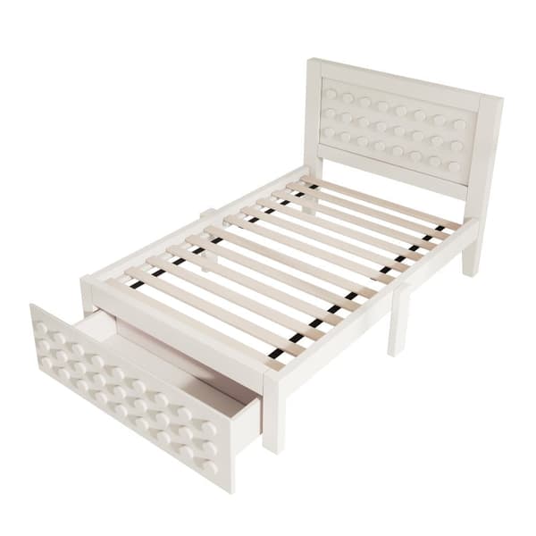 Enkeltseng 90x190 cm i massivt træ med lamelbund, blokdesign og opbevaring – tremmeseng med skuffer under sengen, beige