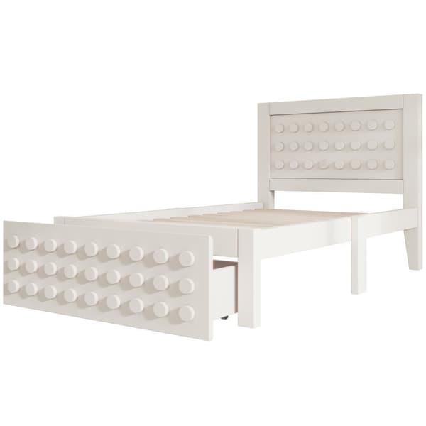 Enkeltseng 90x190 cm i massivt træ med lamelbund, blokdesign og opbevaring – tremmeseng med skuffer under sengen, beige
